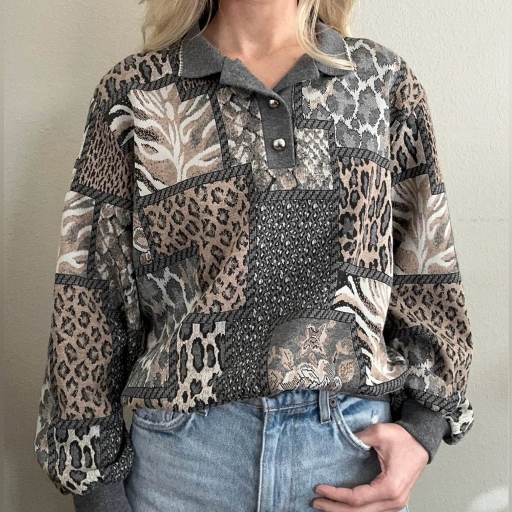 VTG Cricket Lane collared gray beige patchwork animal floral sweater buttons